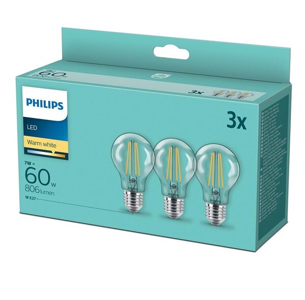 Philips 3-pack LED E27 Normal Klar 60W