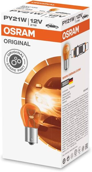 OSRAM ORIGINAL PY21W Halogen Signal Lamps, 12 volts, 21 watts, BAU15S, Amber, 2-pack