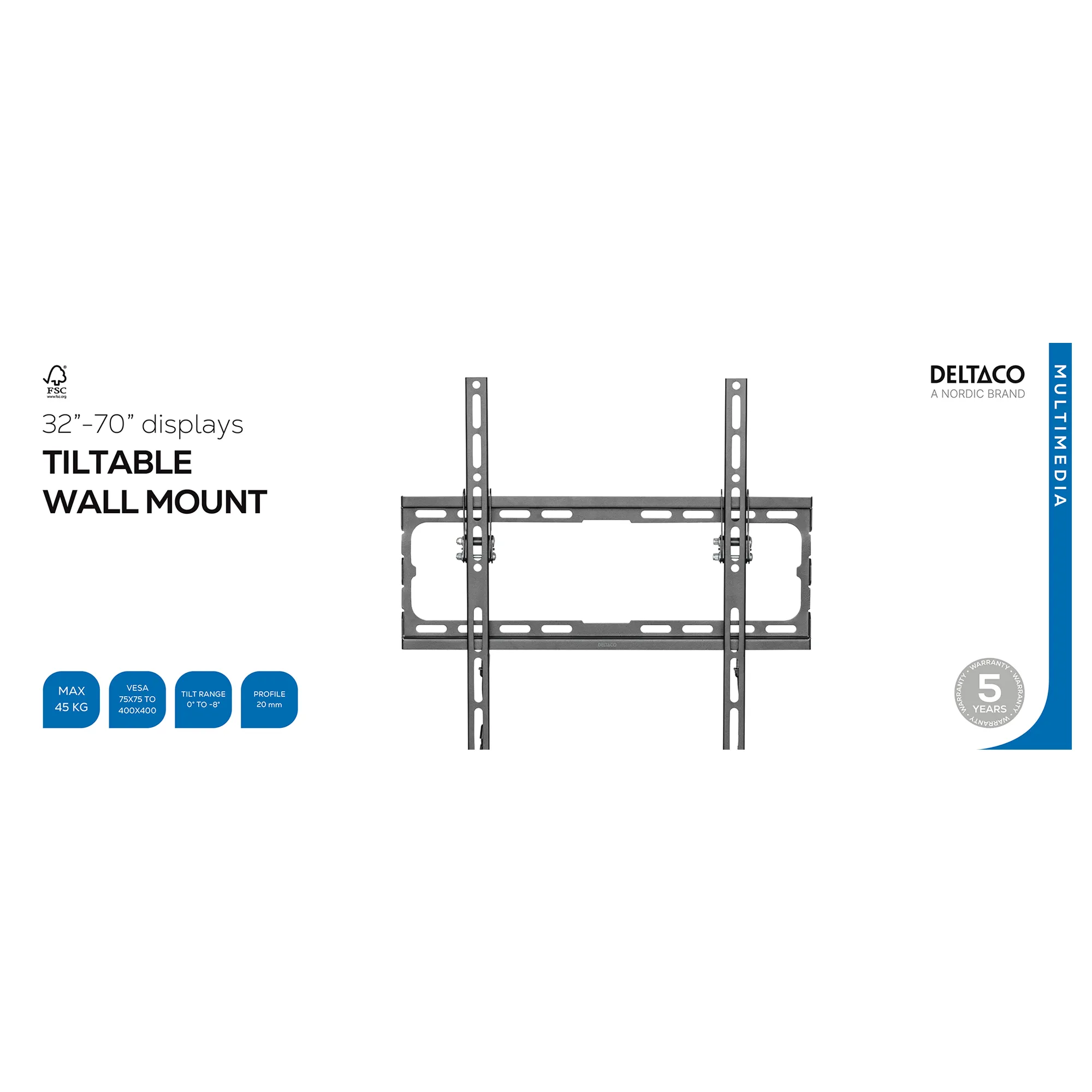 DELTACO ARM-521-B Tiltable Wall Mount for 32&ndash;70" TVs, 45 kg, 75 x 75&ndash;400 x 400 mm, Black