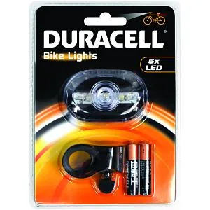 DURACELL BIKE LIGHTS F03 polkupy&ouml;r&auml;n etuvalo 5-ledill&auml;. Vesitiivis. Strobo toiminto, toimii kahdella AAA-paristolla (mukana pakkauksessa)