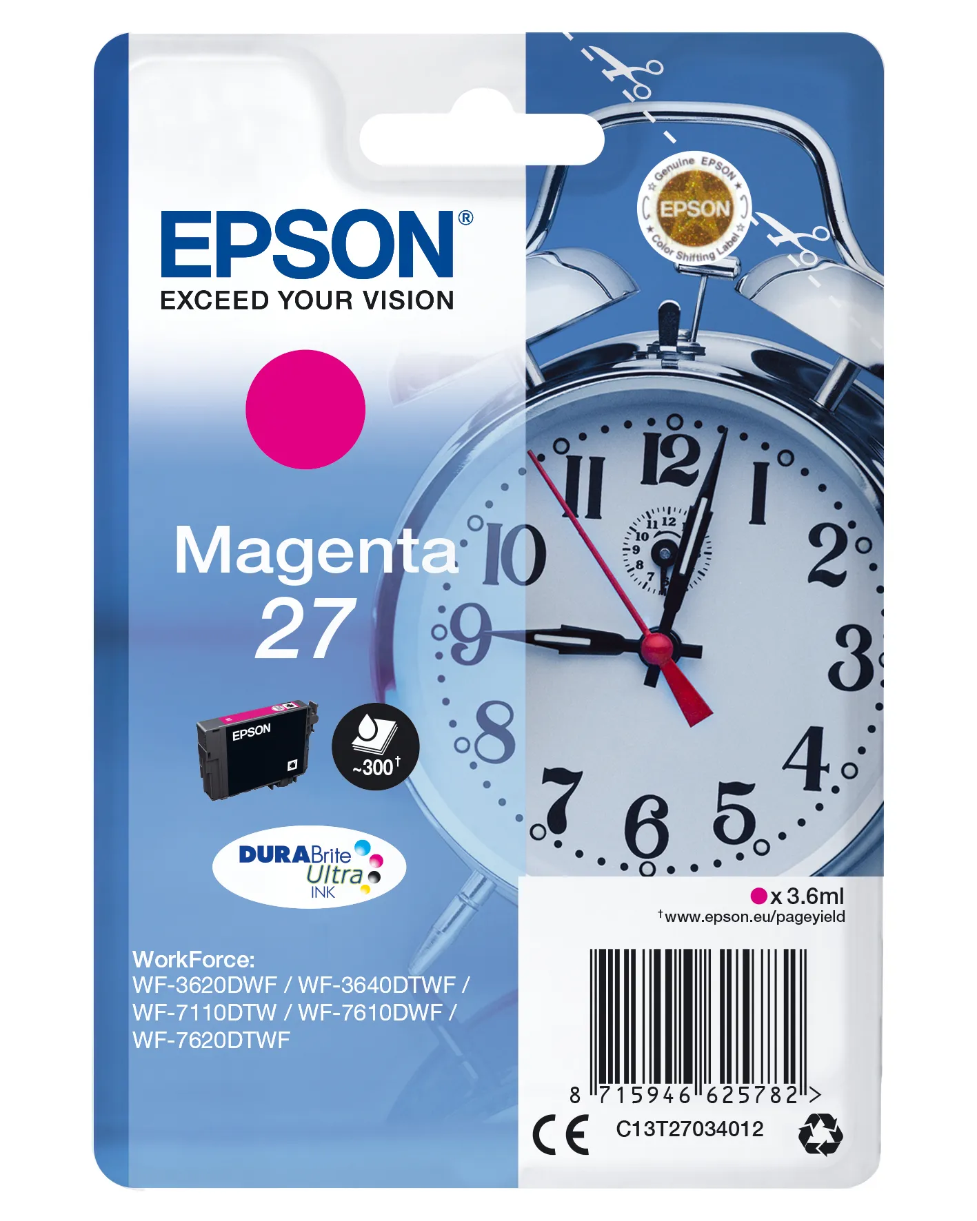 Epson 27 - 3.6 ml - magenta - alkuper&auml;inen - blister RF:ll&auml;/&auml;&auml;nih&auml;lyttimell&auml; - mustepatruuna malleihin WorkForce WF-3620DWF Stickers, WF-3640DTWF, WF-7110DTW, W