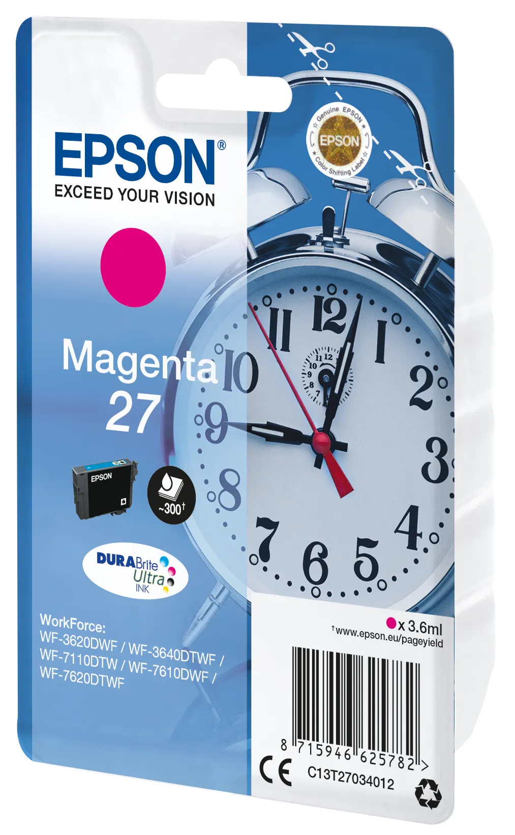 Epson 27 - 3.6 ml - magenta - alkuper&auml;inen - blister RF:ll&auml;/&auml;&auml;nih&auml;lyttimell&auml; - mustepatruuna malleihin WorkForce WF-3620DWF Stickers, WF-3640DTWF, WF-7110DTW, W