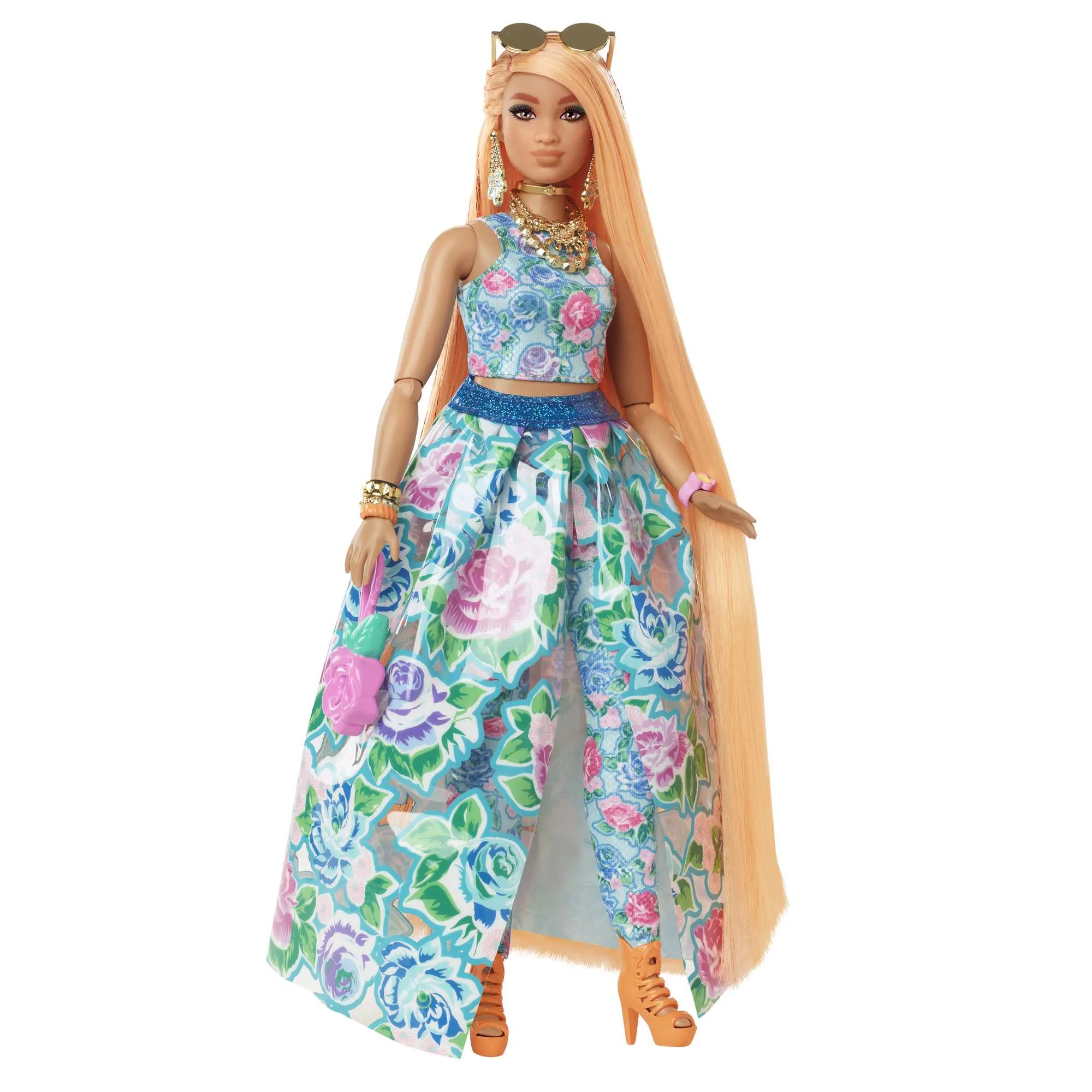 Mattel Barbie Extra Fancy doll in blue floral dress