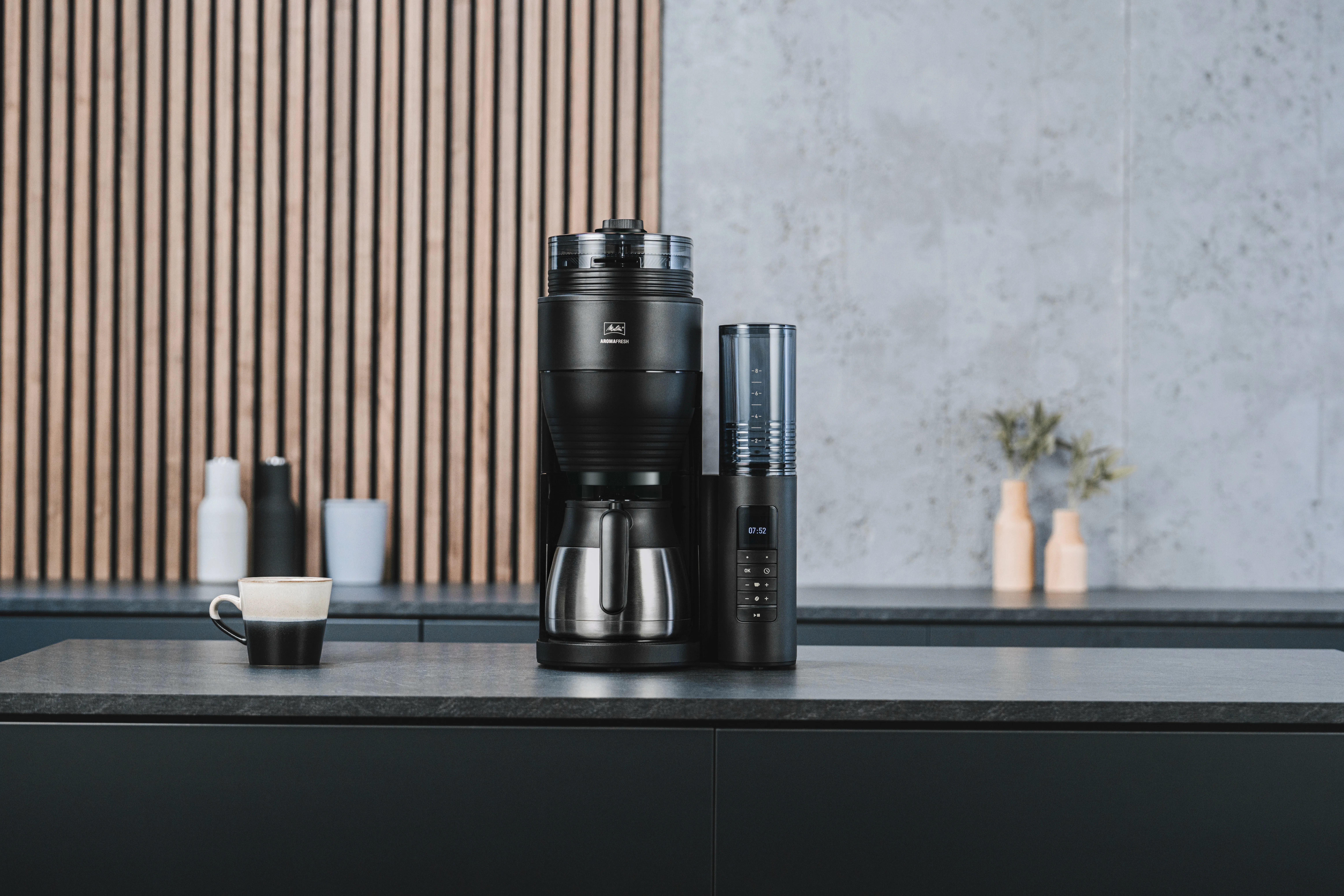Melitta AromaFresh Therm Pro 8 cups Coffee Maker with Thermal Carafe with Grinder, Black