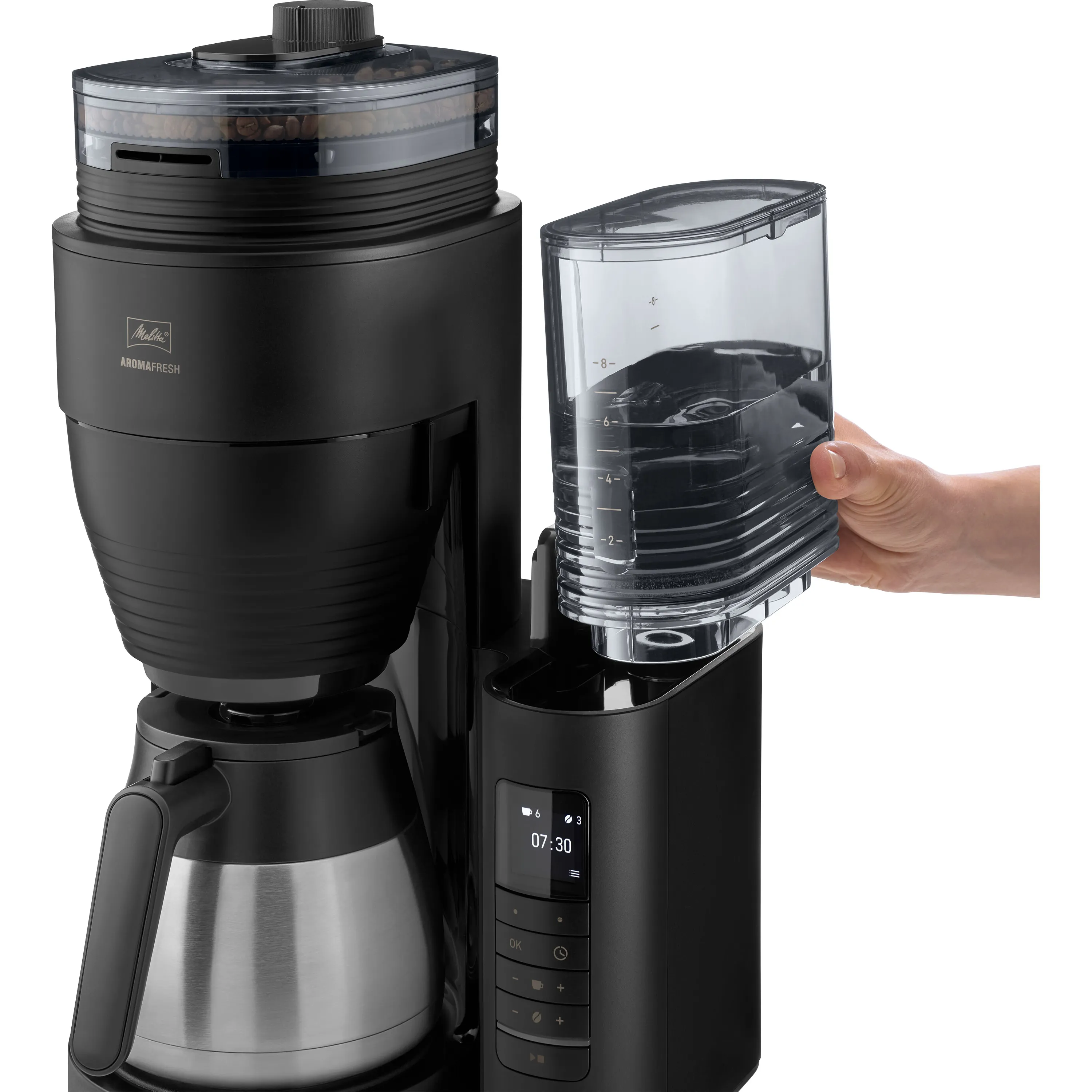 Melitta AromaFresh Therm Pro 8 cups Coffee Maker with Thermal Carafe with Grinder, Black