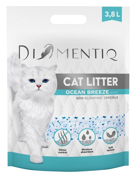 DIAMENTIQ Ocean Breeze silikagel icke-klumpbildande kattsand, parfymerad, dammfri, 3,8 l
