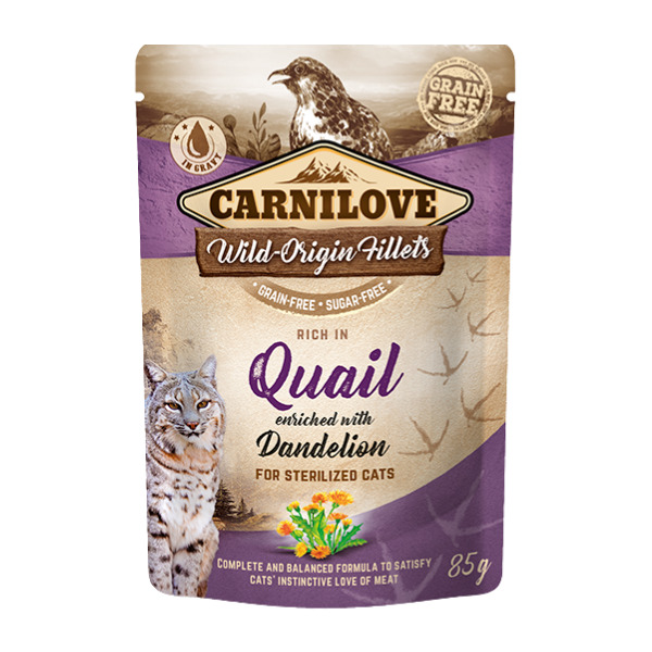 Carnilove Quail & Dandelion, V&aring;tfoder f&ouml;r katt, Adult, Steriliserad, 85 g