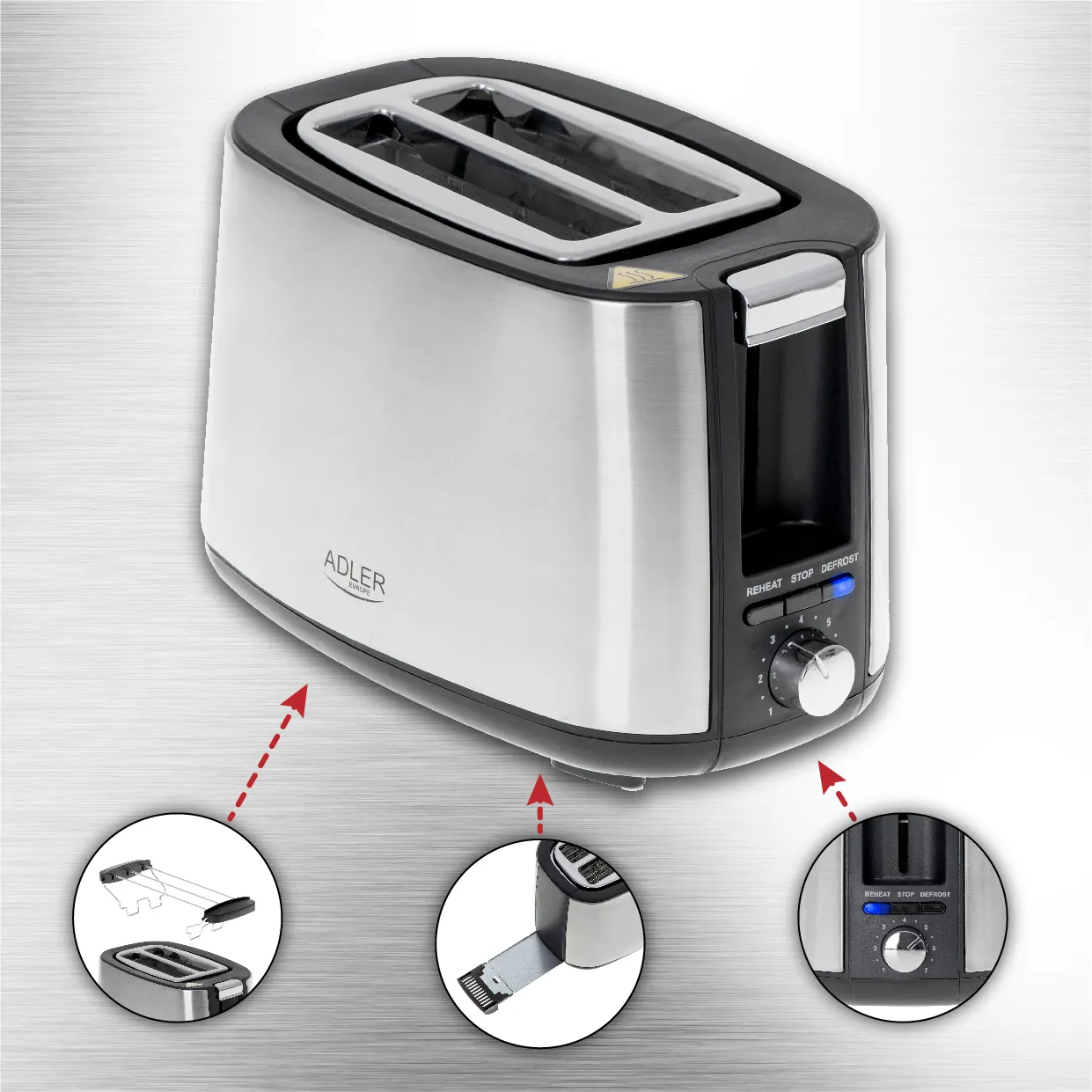 Adler AD 3214 Toaster 2-Slice 900 W Stainless steel Silver