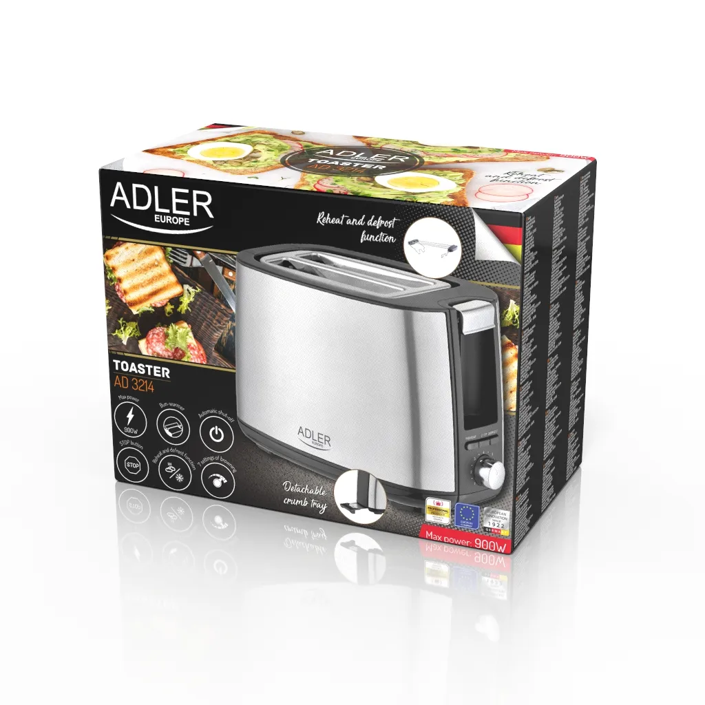 Adler AD 3214 Toaster 2-Slice 900 W Stainless steel Silver