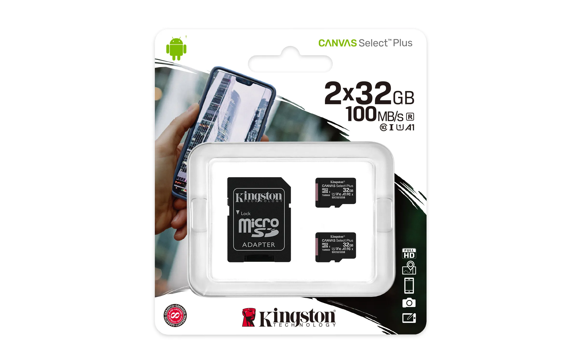 Kingston Canvas Select Plus 32 Gt MicroSDHC -muistikortti + SD-adapteri (2kpl)