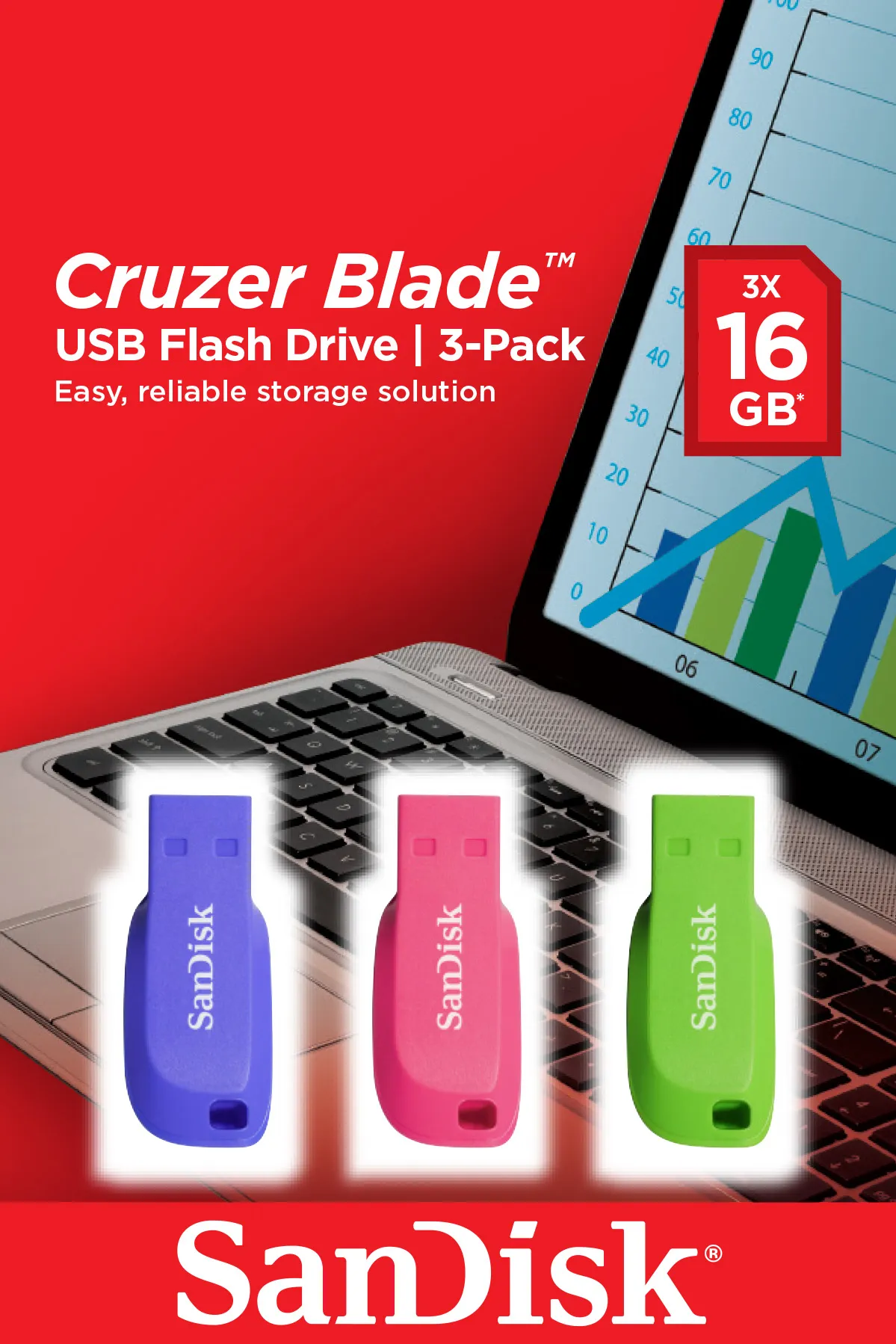 SanDisk 16GB Cruzer Blade USB 2.0 - memory stick, Blue, Green, Pink