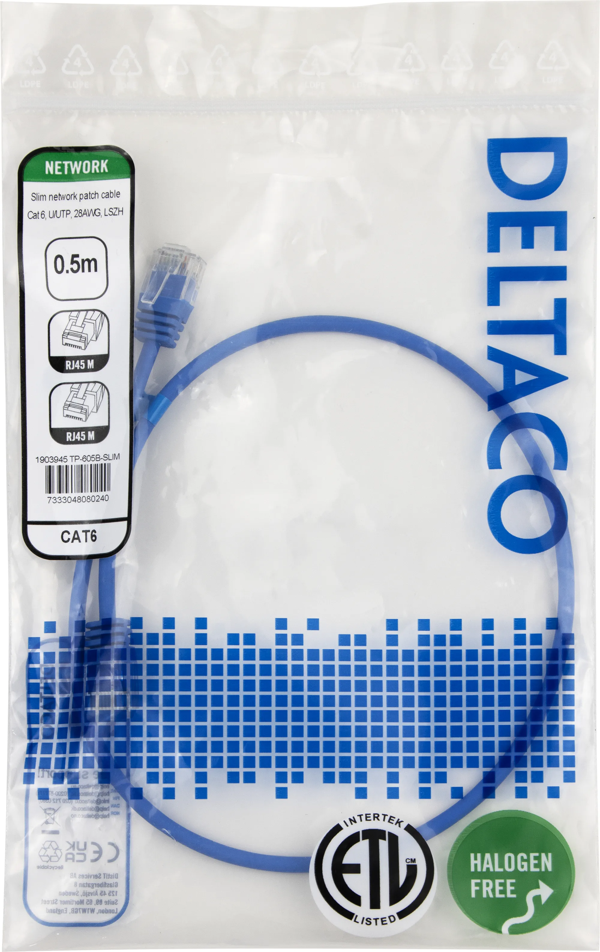 Deltaco Cat6 UTP RJ45 0.5m -verkkokaapeli, sininen