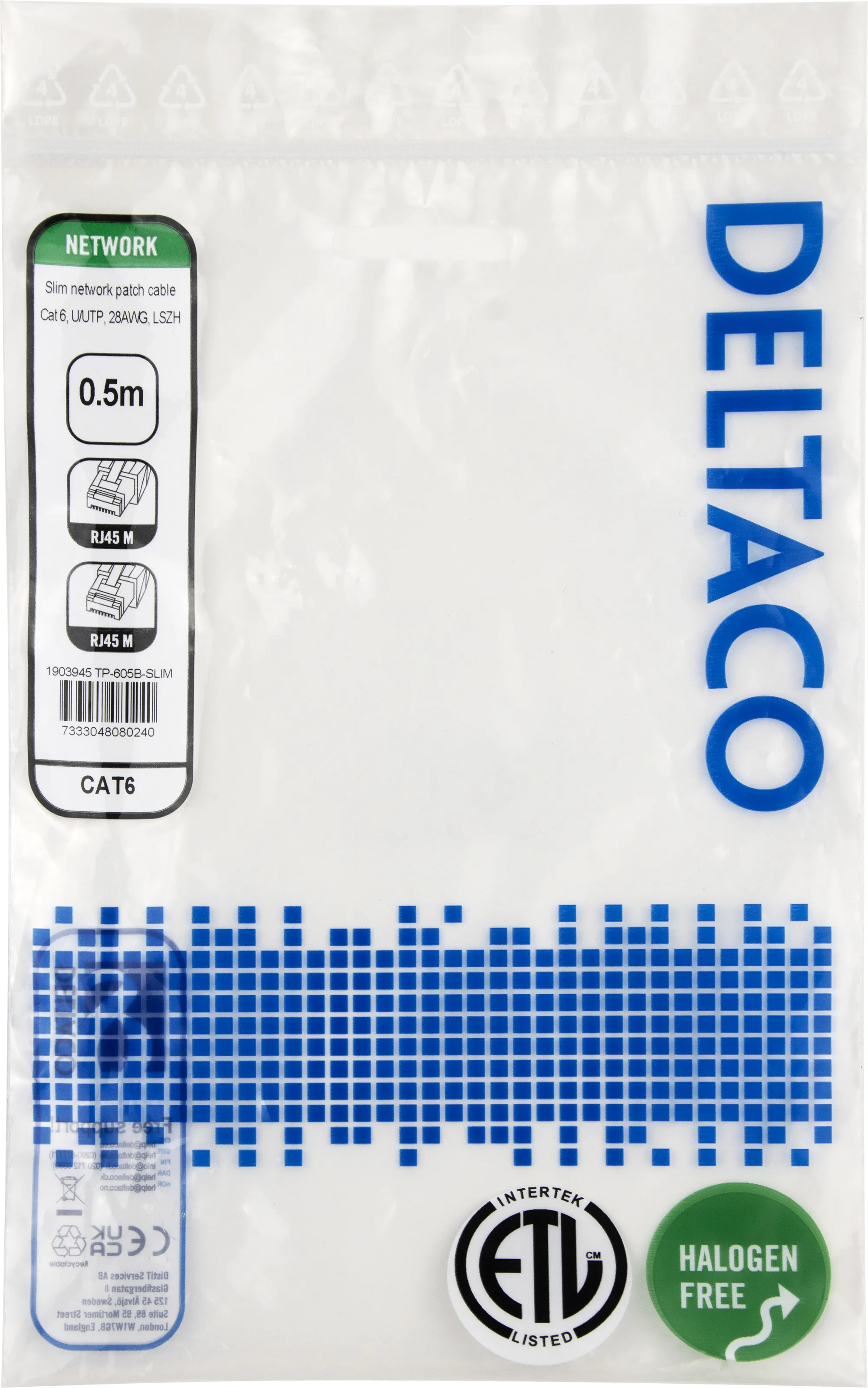 Deltaco Cat6 UTP RJ45 0.5m -verkkokaapeli, sininen