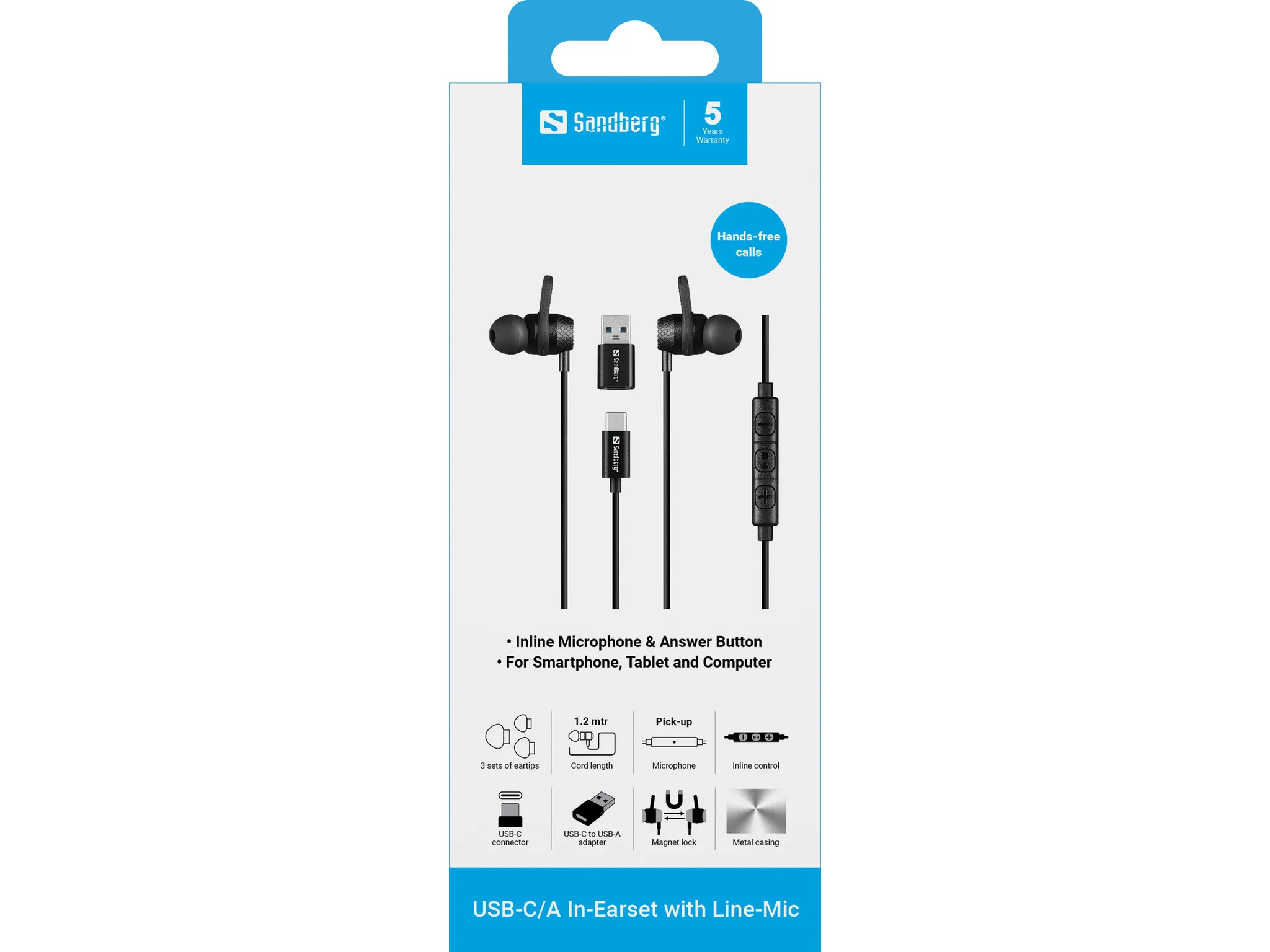 Sandberg USB-C/A In-Earset Headset with USB-A Adapter, Black