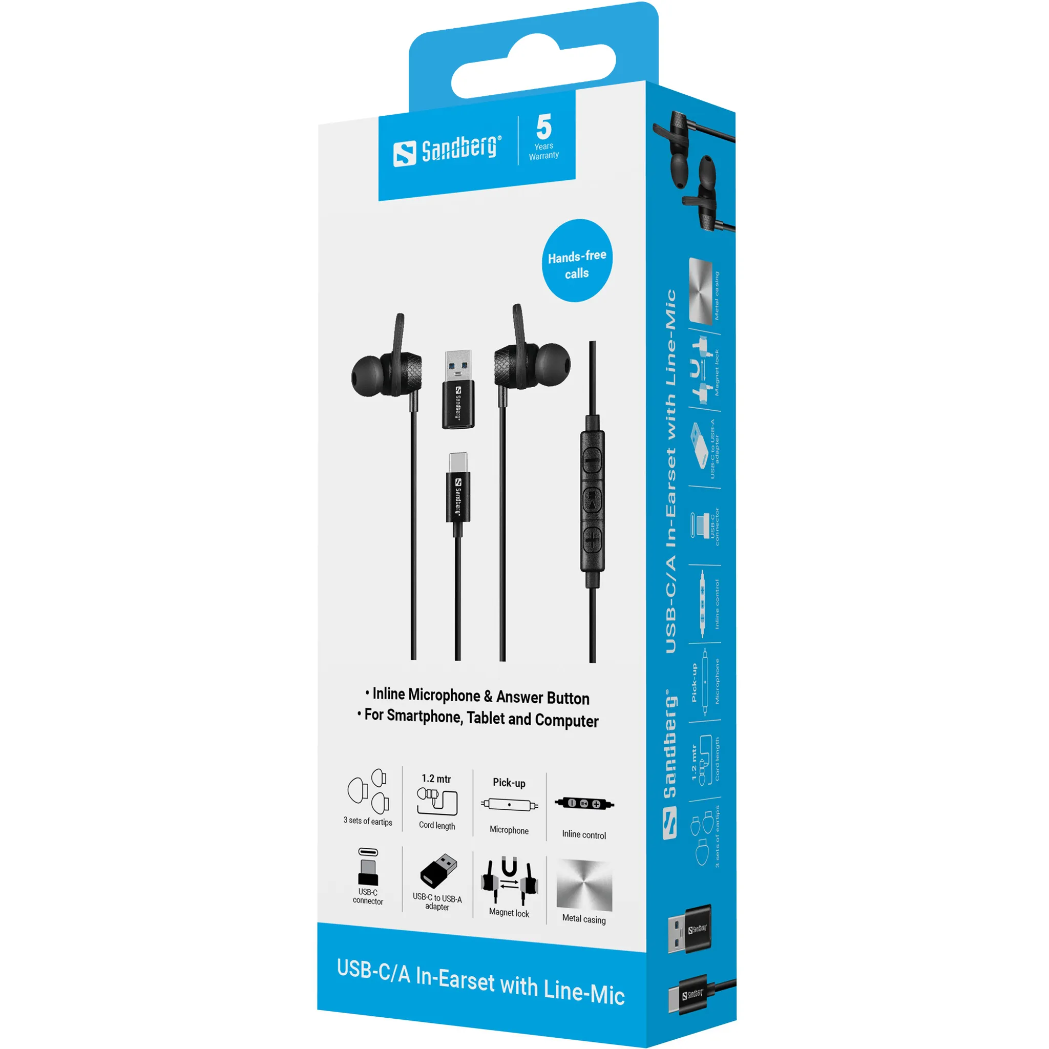 Sandberg USB-C/A In-Earset Headset with USB-A Adapter, Black