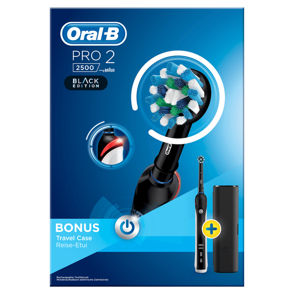 BRAUN S&Auml;HK&Ouml;HAMMASHARJA ORAL-B PRO2500 MUSTA. Litiumi-akulla ja Premium laturilla, mukana matkakotelo. CA-harjasp&auml;&auml;. 3D-teknologia, 8 800 v&auml;r&auml;hdyst&auml;, 40 000 syk&auml;