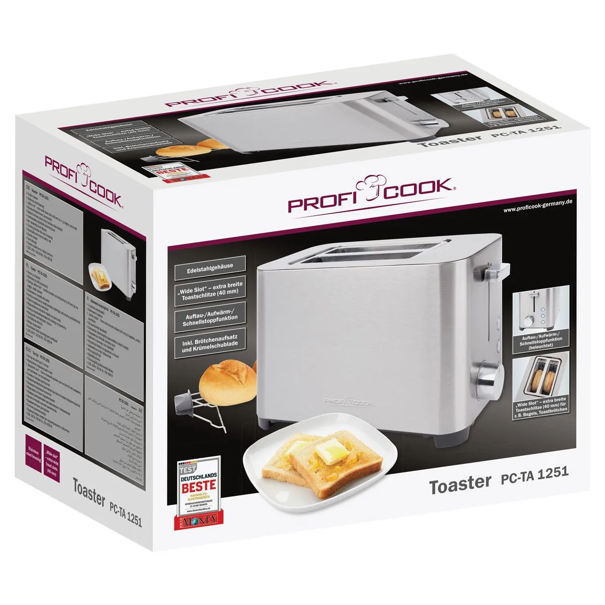 ProfiCook PC-TA 1251 Toaster, 2-slice, 750 W, Stainless steel