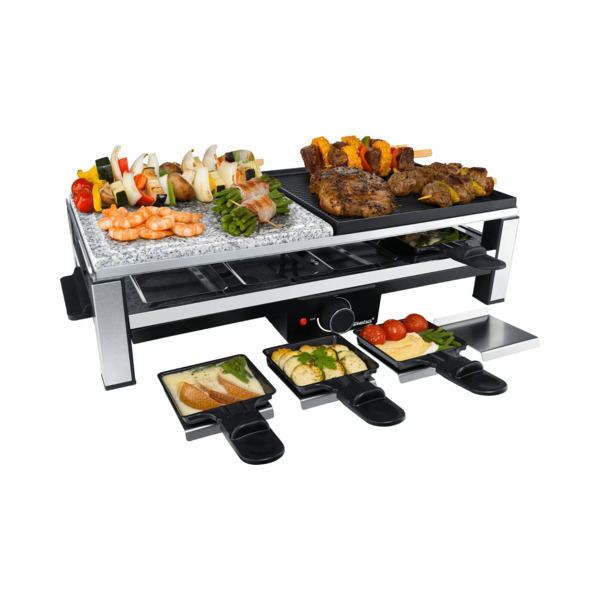 Steba Multi-Raclette RC 108 8 hengen s&auml;hk&ouml;k&auml;ytt&ouml;inen p&ouml;yt&auml;raclettegrilli, musta ja ruostumaton ter&auml;s, 2000 W
