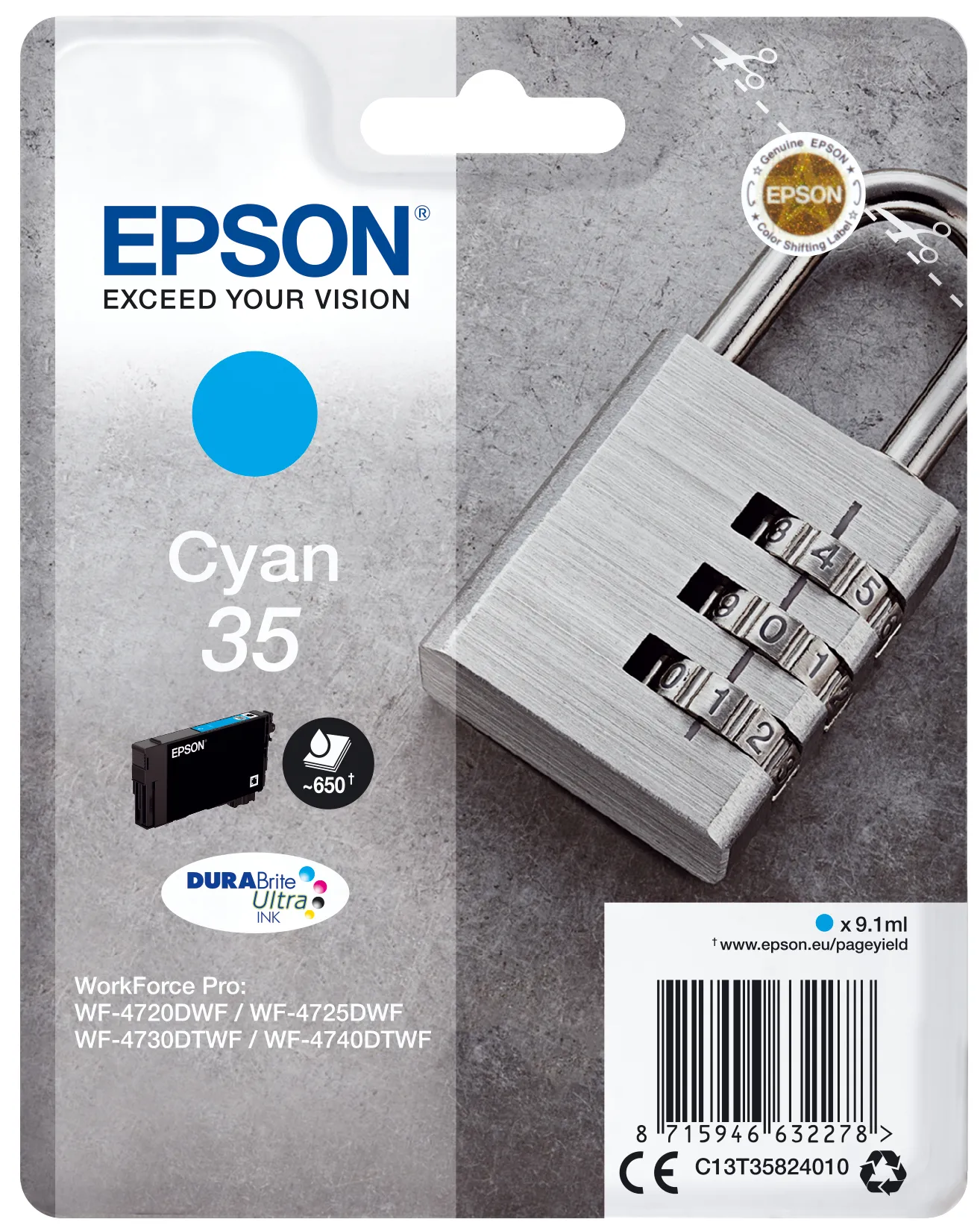 Epson 35 - 9.1 ml - sinivihre&auml; - alkuper&auml;inen - mustepatruuna malleihin WorkForce Pro WF-4720, WF-4720DWF, WF-4725DWF, WF-4730, WF-4740, WF-4740DTWF