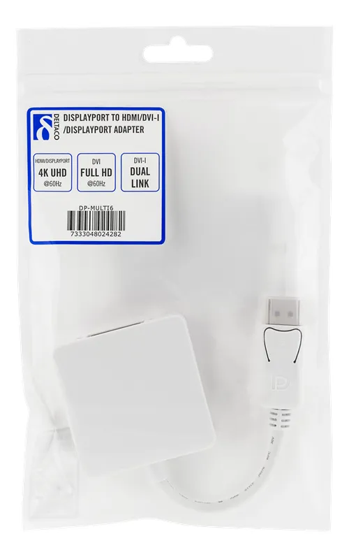 DELTACO DisplayPort till DVI/HDMI/DisplayPort adapter, UHD i 60Hz, vit