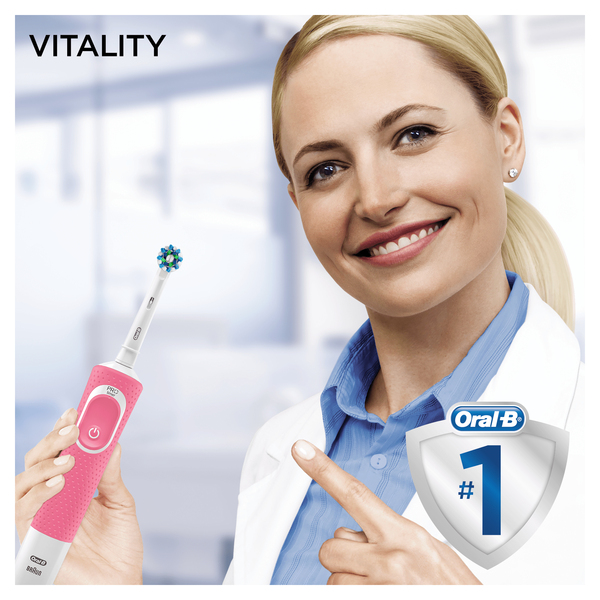 Oral-B VITALITY PINK CROSSACTION -s&auml;hk&ouml;hammasharja, Valkoinen, Vaaleanpunainen