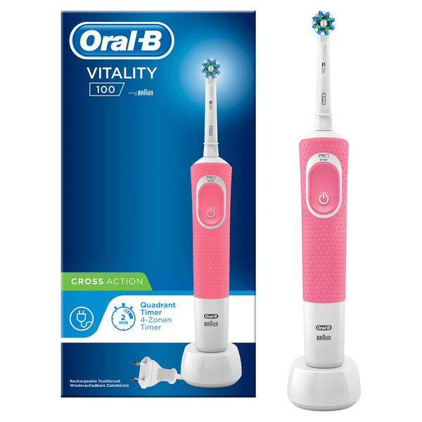 Oral-B VITALITY PINK CROSSACTION -s&auml;hk&ouml;hammasharja, Valkoinen, Vaaleanpunainen