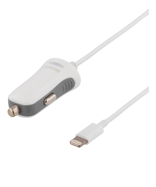 DELTACO Autolaturi lightning-liittimell&auml;, 2,4A, MFi, 12-18V DC, valk.