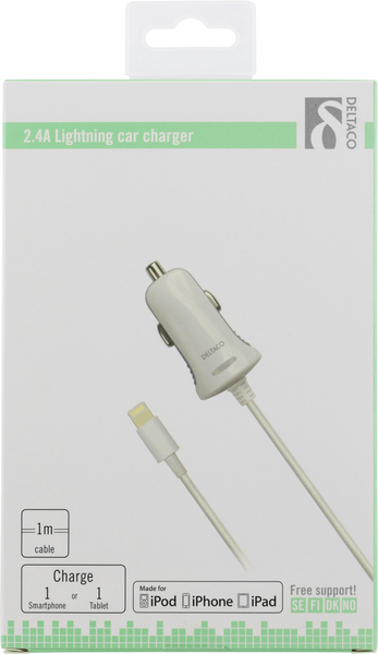 DELTACO Autolaturi lightning-liittimell&auml;, 2,4A, MFi, 12-18V DC, valk.
