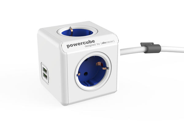 Allocacoc Powercube C 2 xUSB, 4 AC-pistorasia(a)-osainen jatkojohto, 1,5m, Sininen, Valkoinen