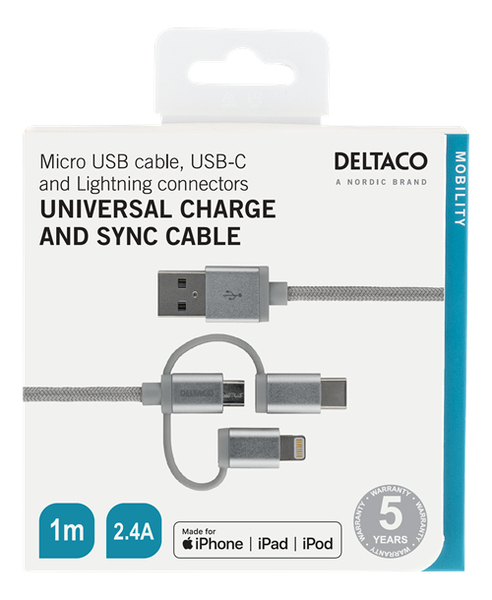 Streetz USB-A - Lightning - cable, 1m, Silver