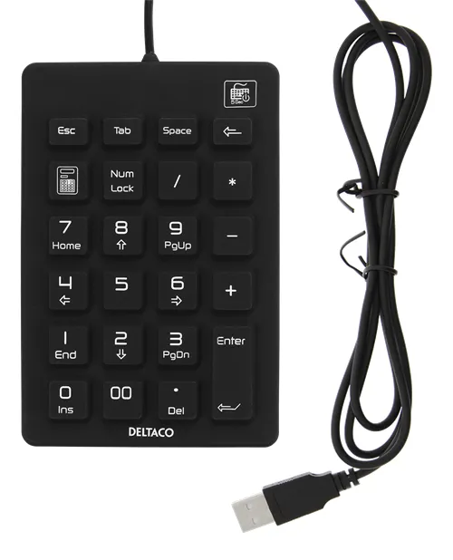 DELTACO numeriskt tangentbord i silikon, IP68, 23 tangenter, svart