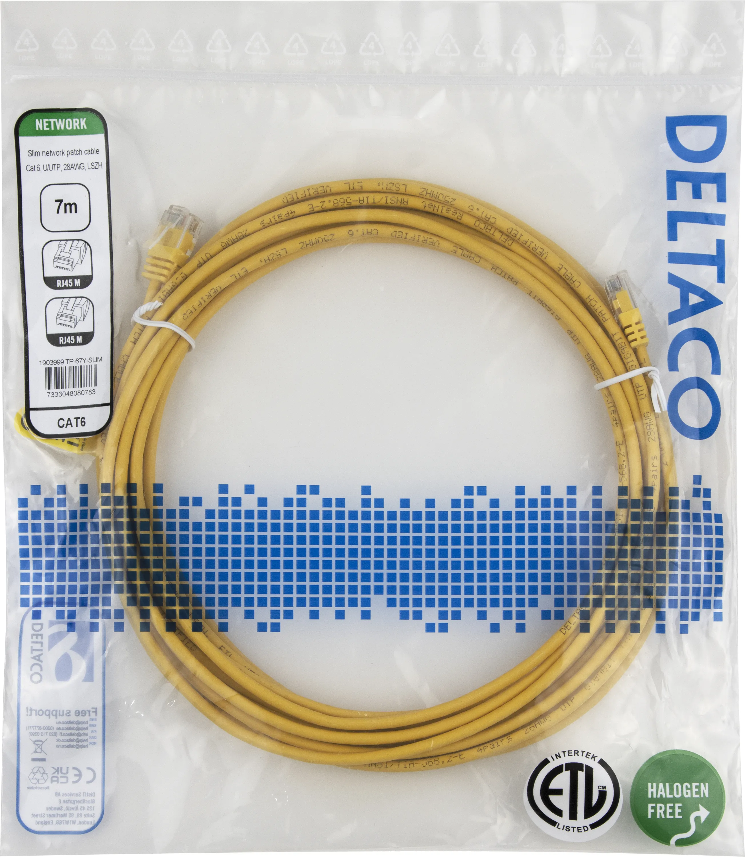 Deltaco Cat6 UTP RJ45 7m Network Cable, Yellow