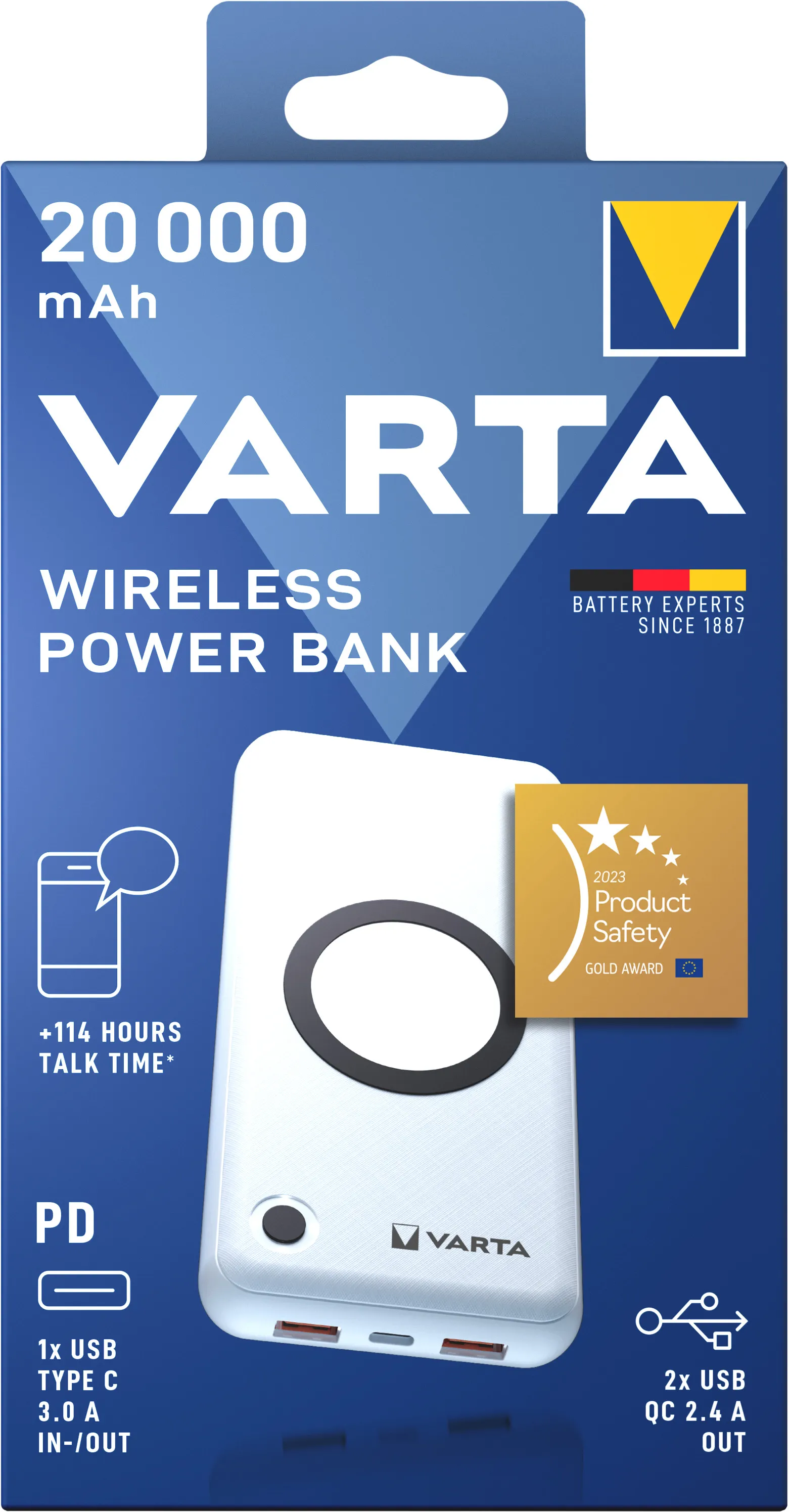 VARTA Wireless Power Bank 20000mAh, 20W -varavirtal&auml;hde, Valkoinen