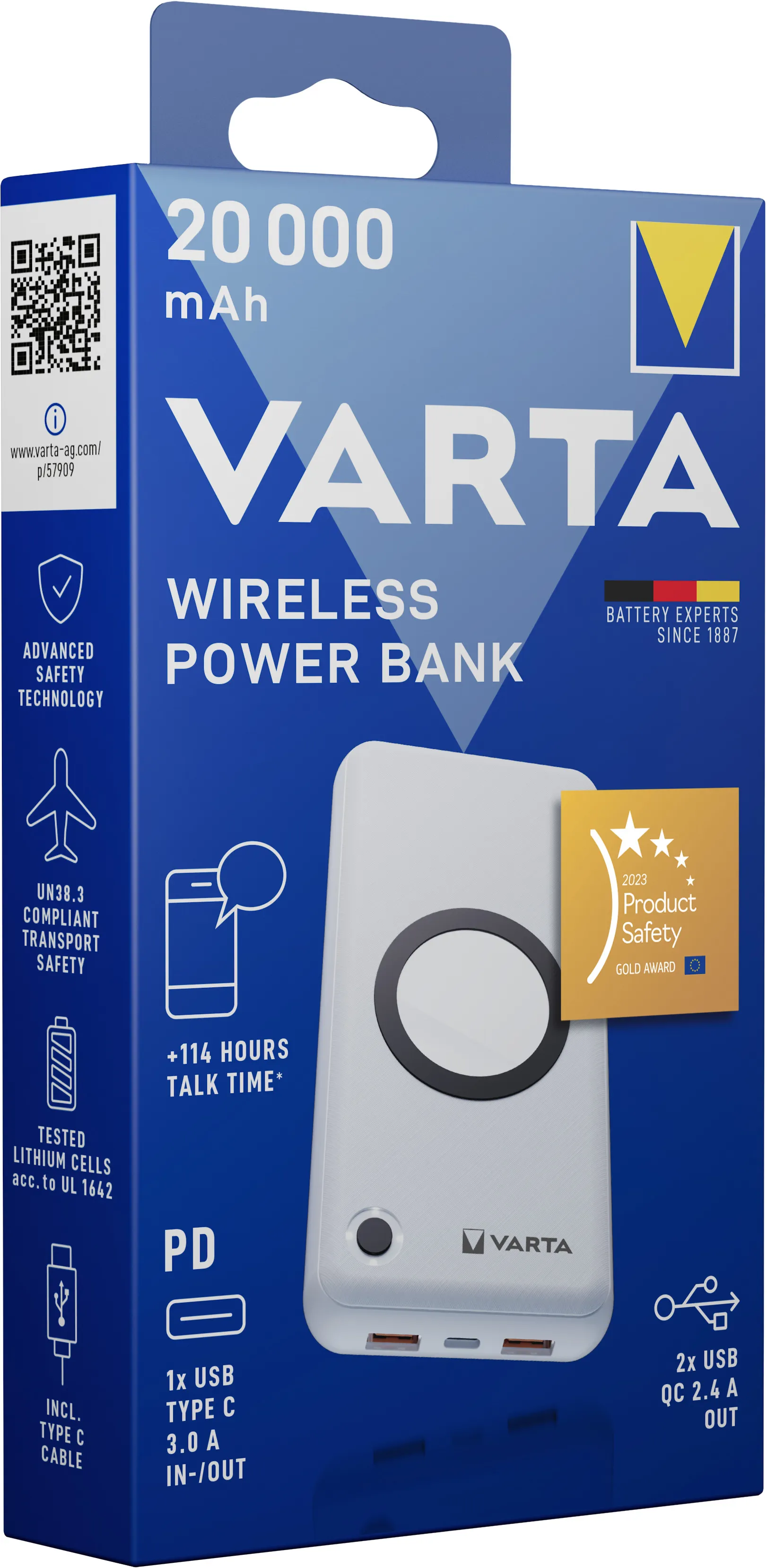 VARTA Wireless Power Bank 20000mAh, 20W -varavirtal&auml;hde, Valkoinen