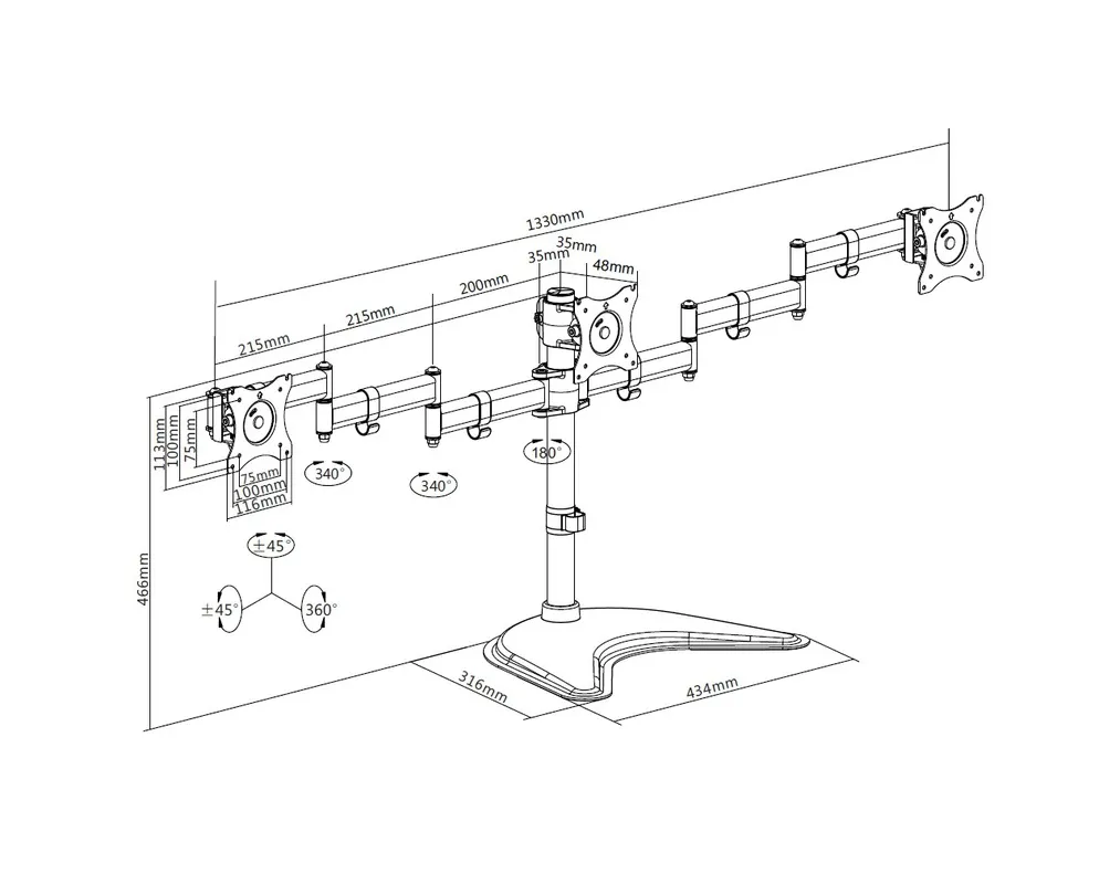Multibrackets M Deskstand Basic Triple -n&auml;ytt&ouml;varsi, musta, 15&quot;-27&quot;, 3x8kg