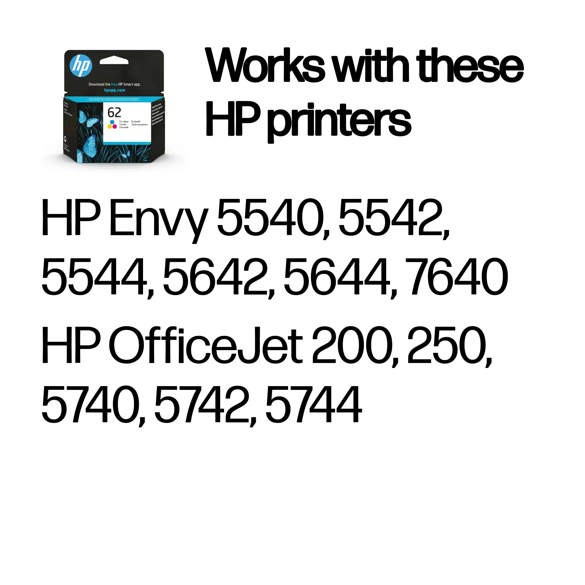HP 62 - Kolmiv&auml;rinen - alkuper&auml;inen - mustepatruuna malleihin Envy 55XX, 56XX, 76XX, Officejet 250, 252, 57XX, 8040