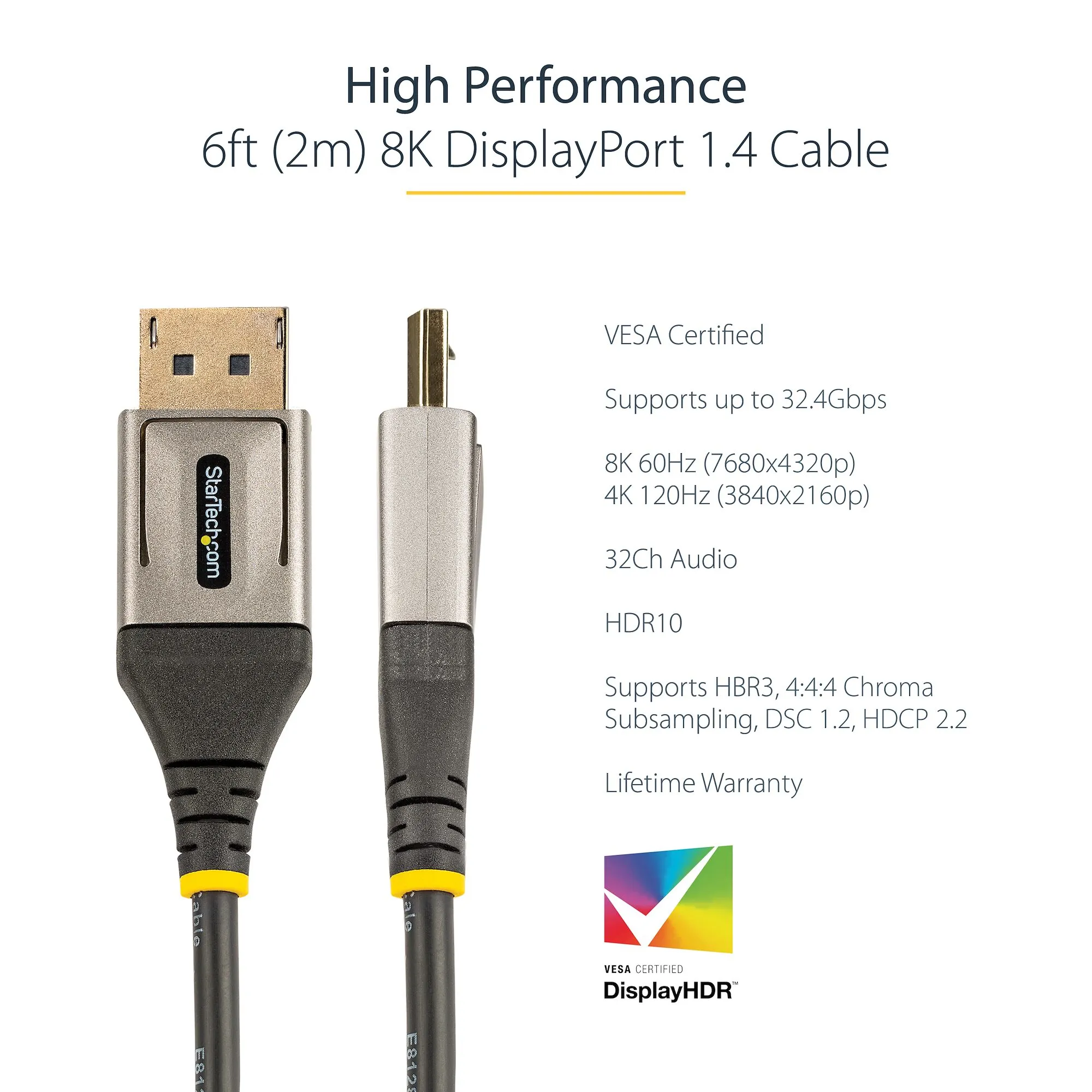 Startech  DisplayPort &ndash; DisplayPort 1.4 - kabel, 2 m, Gr&aring;/Svart
