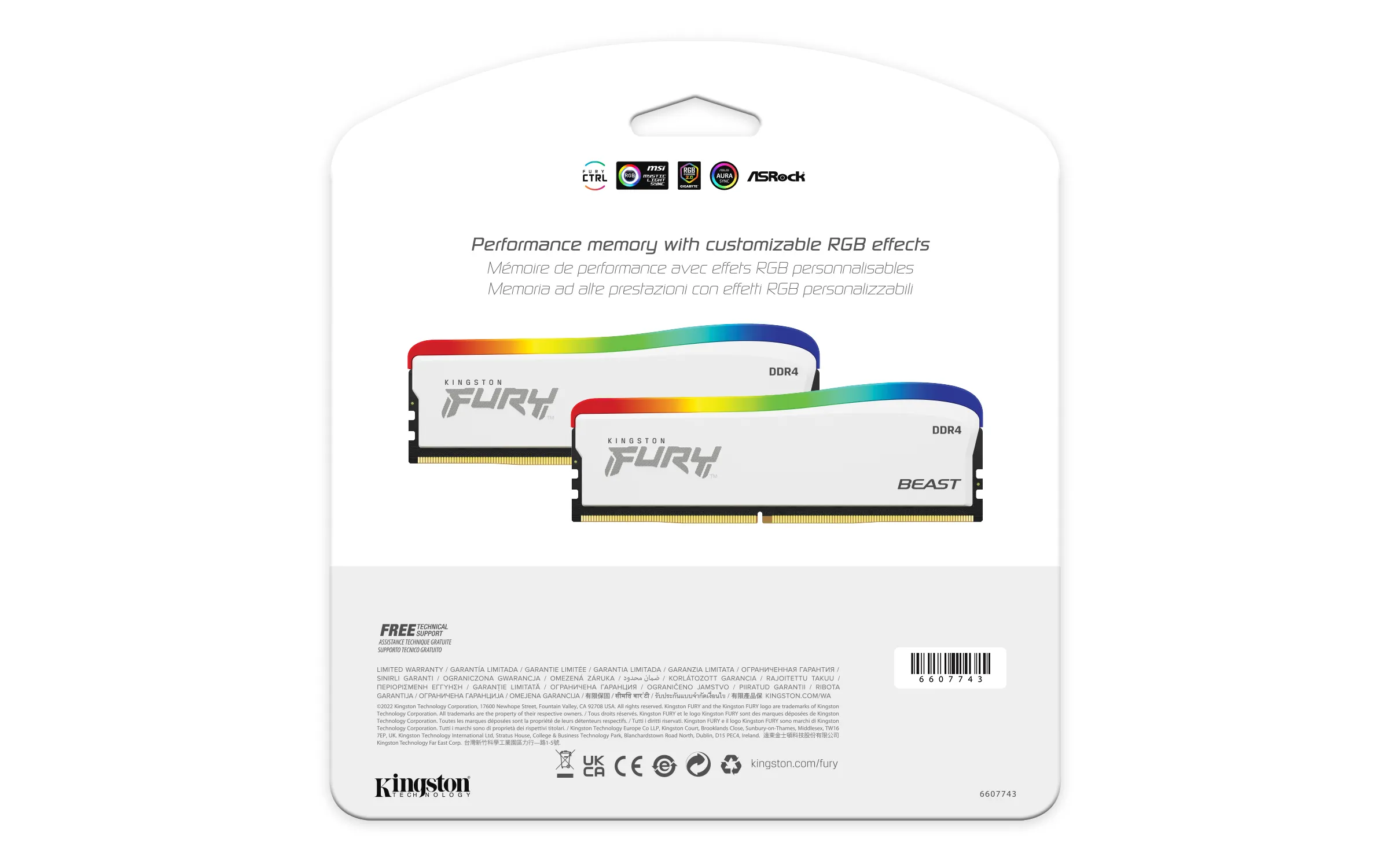 Kingston FURY Beast RGB SE 32 Gt (2 x 16 Gt) DDR4 3600 MHz, CL18 -muisti, Valkoinen