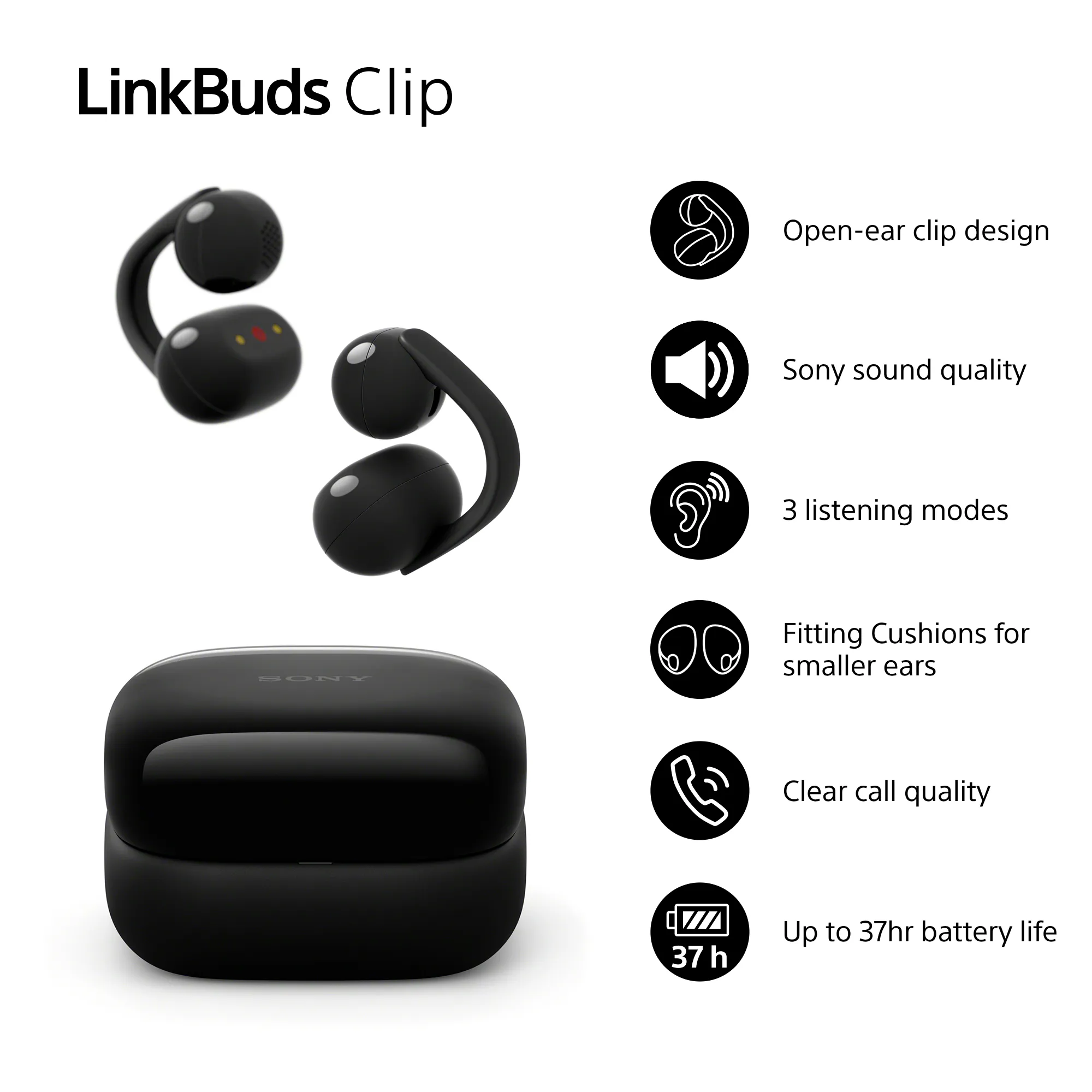 Sony LinkBuds Clip tr&aring;dl&ouml;sa in-ear h&ouml;rlurar, svart