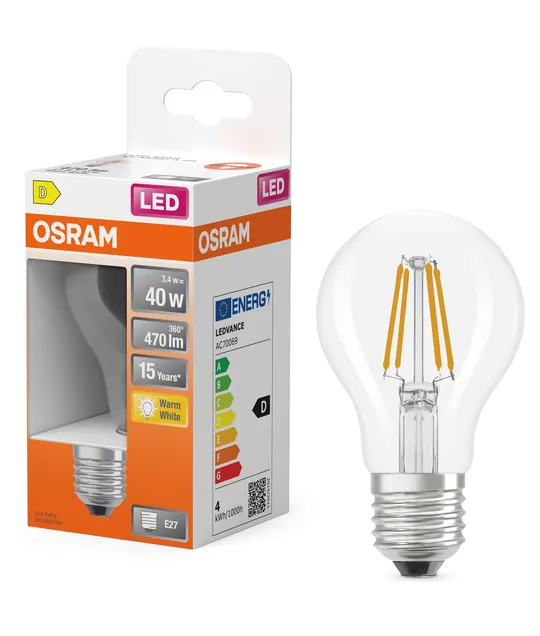 OSRAM LED Star Classic A 40 Filament 3.4 W E27 Warm White Clear