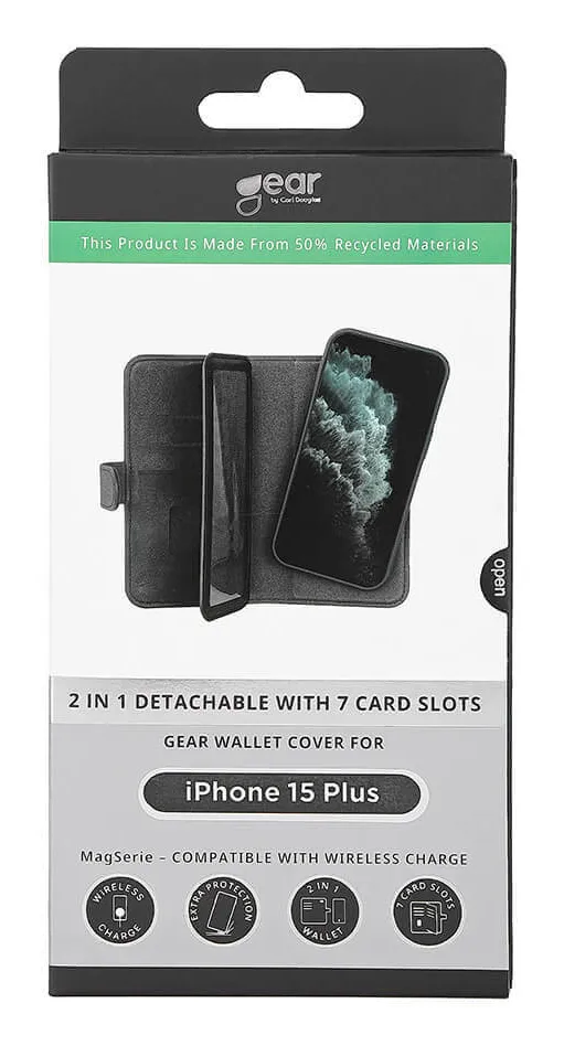 GEAR Wallet 7 Cards MagSeries, iPhone 15 Plus - 2-in-1 Wallet Case, Black