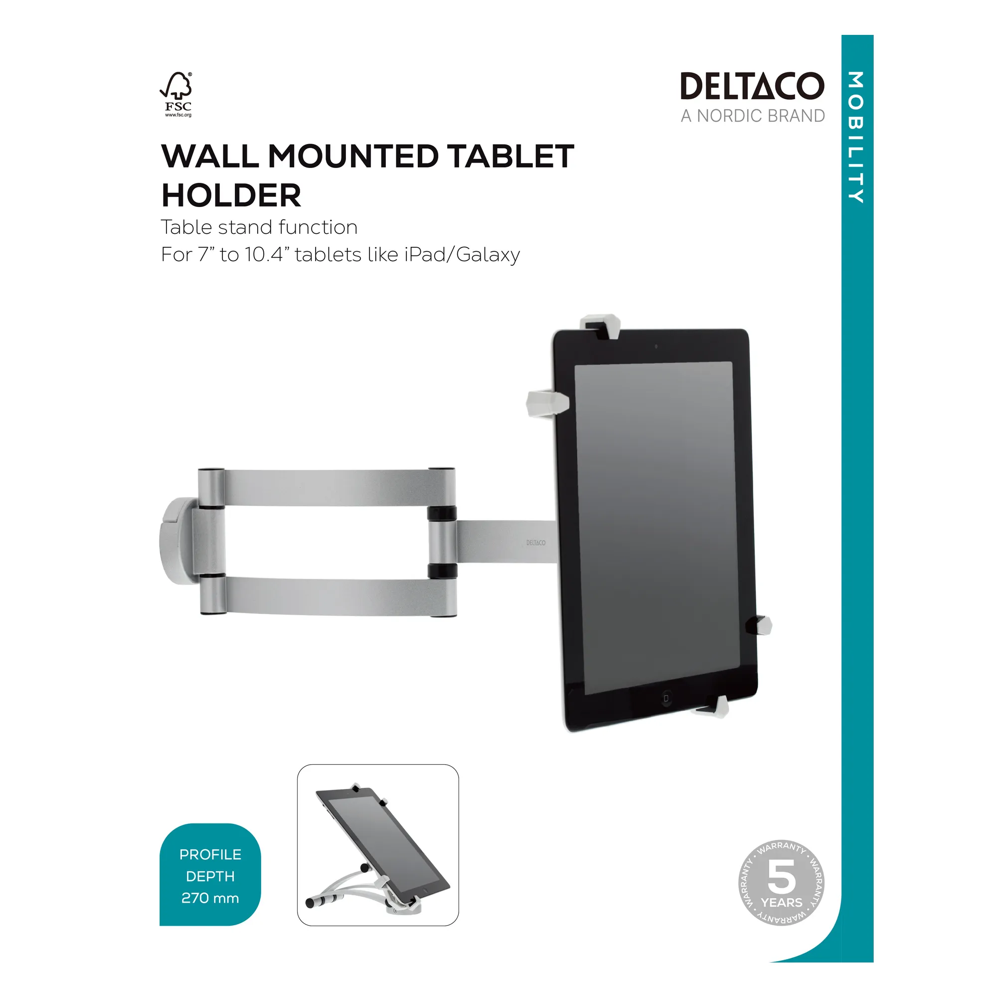 DELTACO, pad wall/table mount, arm, 45 tilt, 180 swivel, aluminium