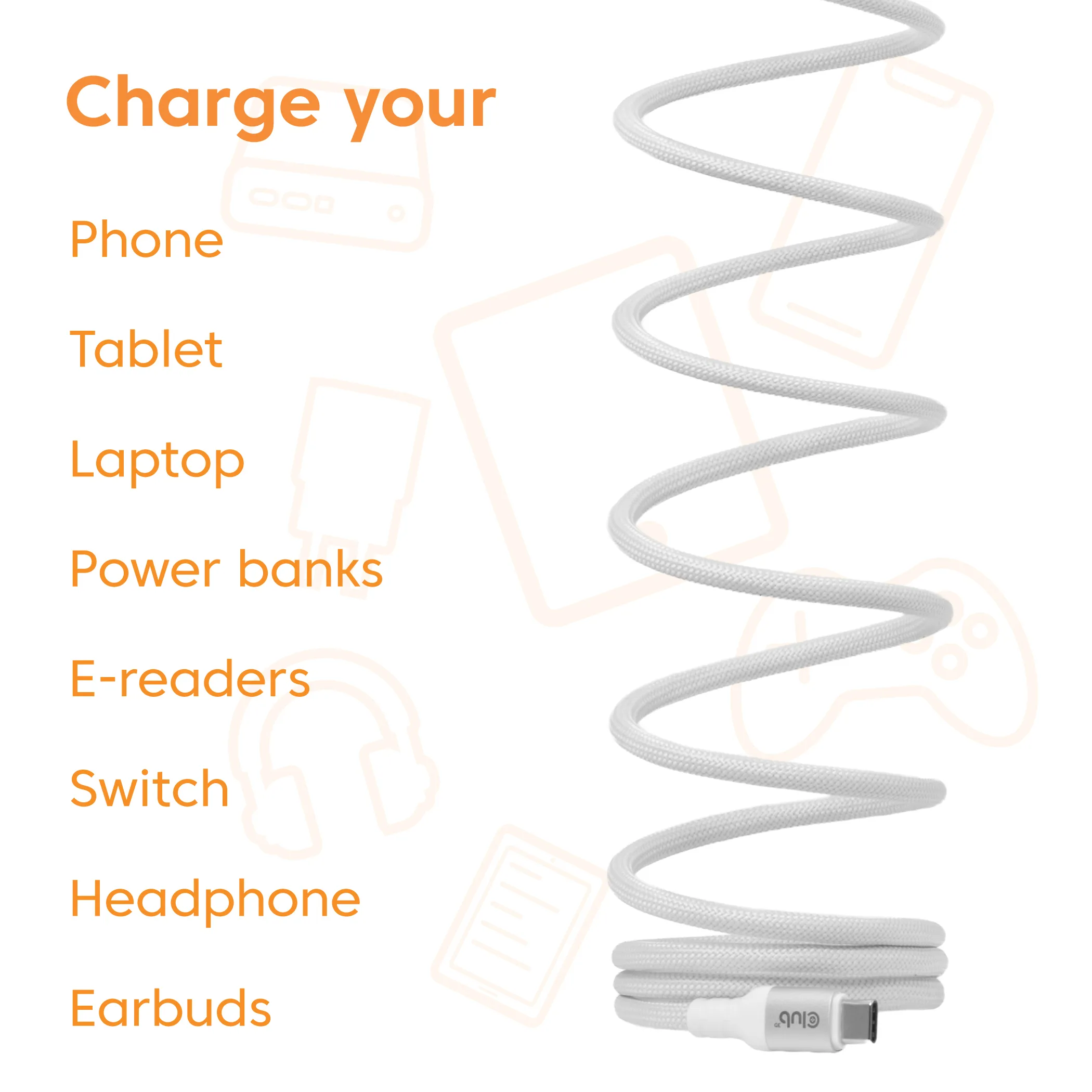 Club 3D Magnetic-Coil USB-C -kaapeli, 240 W, 2 m, valkoinen