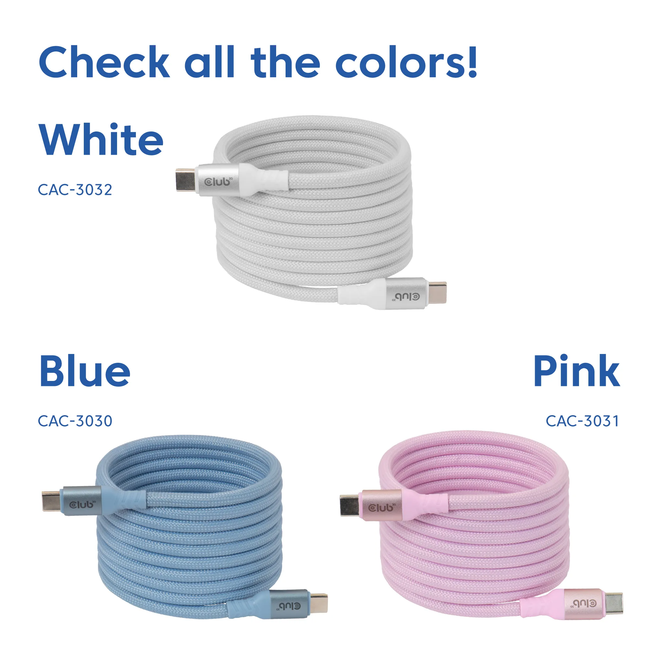 Club 3D Magnetic-Coil USB-C -kaapeli, 240 W, 2 m, valkoinen