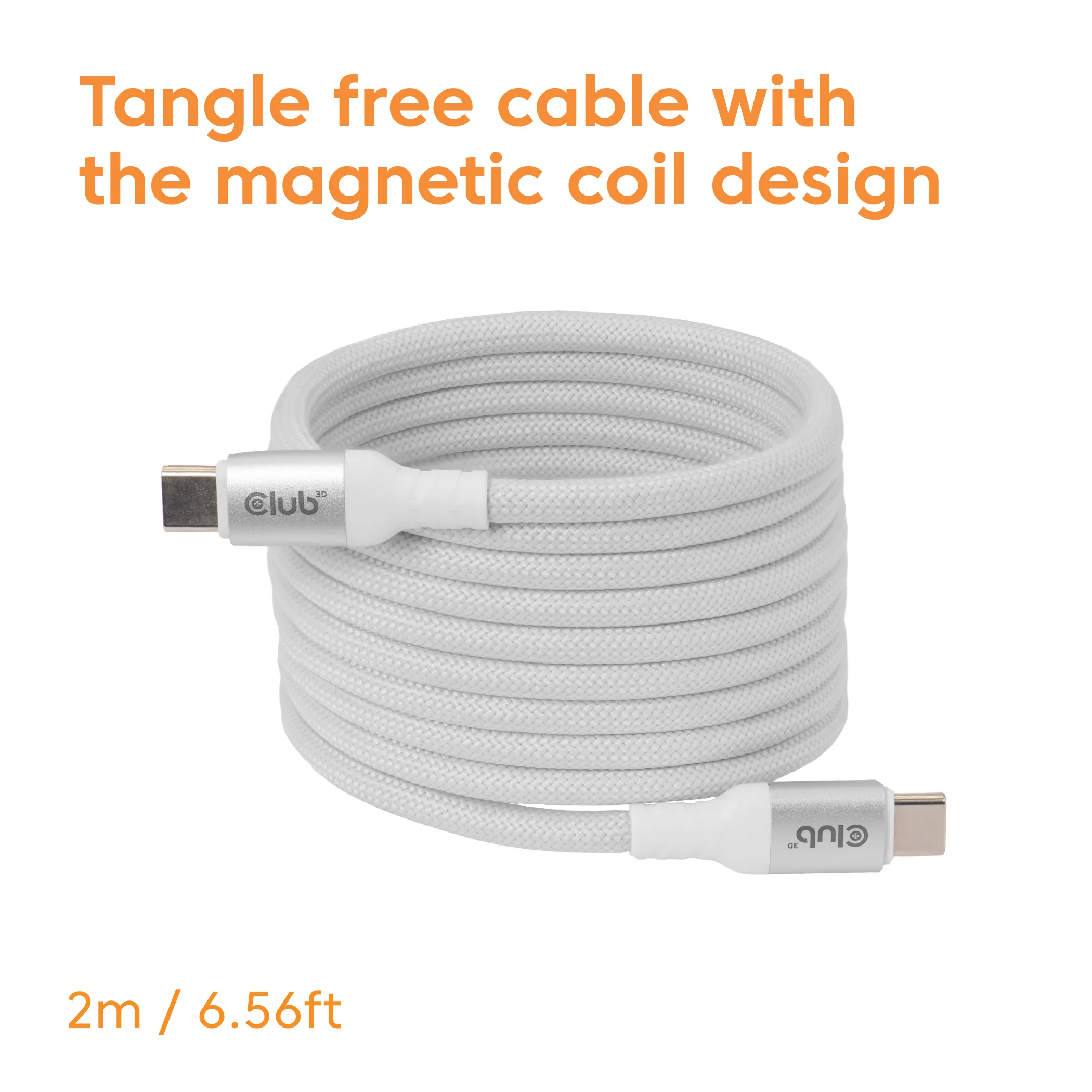 Club 3D Magnetic-Coil USB-C -kaapeli, 240 W, 2 m, valkoinen