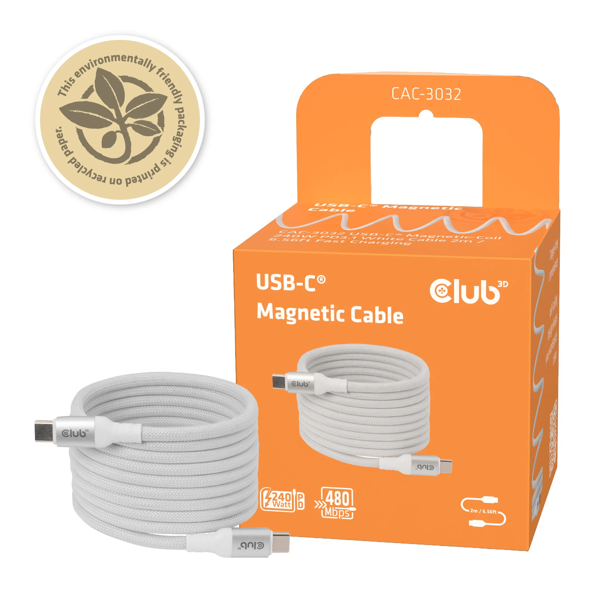 Club 3D Magnetic-Coil USB-C -kaapeli, 240 W, 2 m, valkoinen
