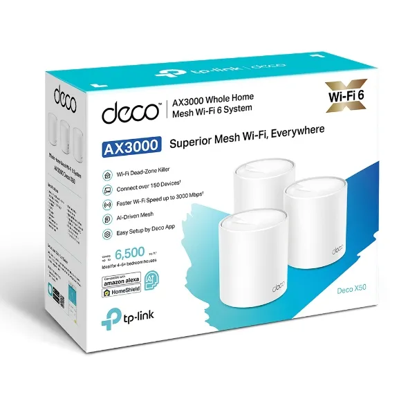 TP-Link Deco X50 -mesh WiFi -j&auml;rjestelm&auml;, Wi-Fi 6, AX3000, Dual-band, 3 kpl, valkoinen