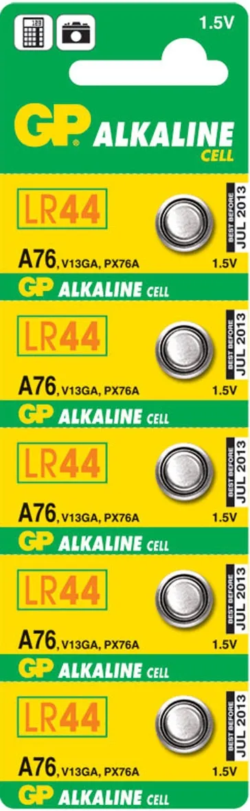 GP Alkaline Cell Battery, Size LR44/A76, 1.5V, 5-pack