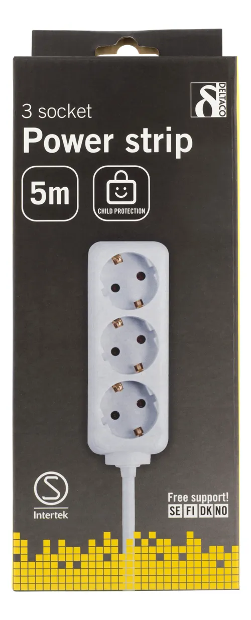 Deltaco GT-118D 3 outlets Power Strip, 5m, White