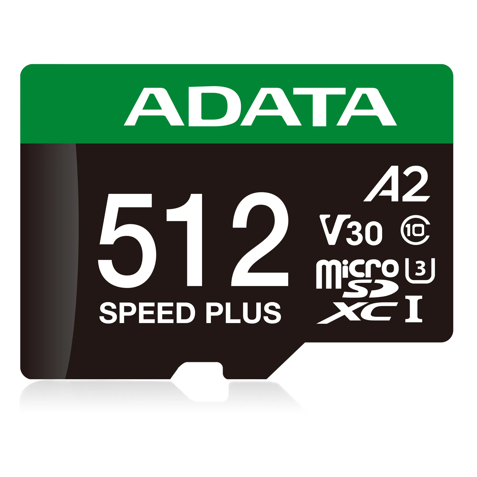 A-DATA Speed Plus 512GB MicroSDXC UHS-I U3 V30 A2 card with SD adapter, Black, Green, White
